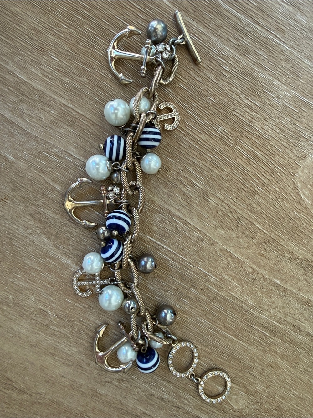 Nautical Charm Pearl & Navy Bead Bracelet - Gold Tone